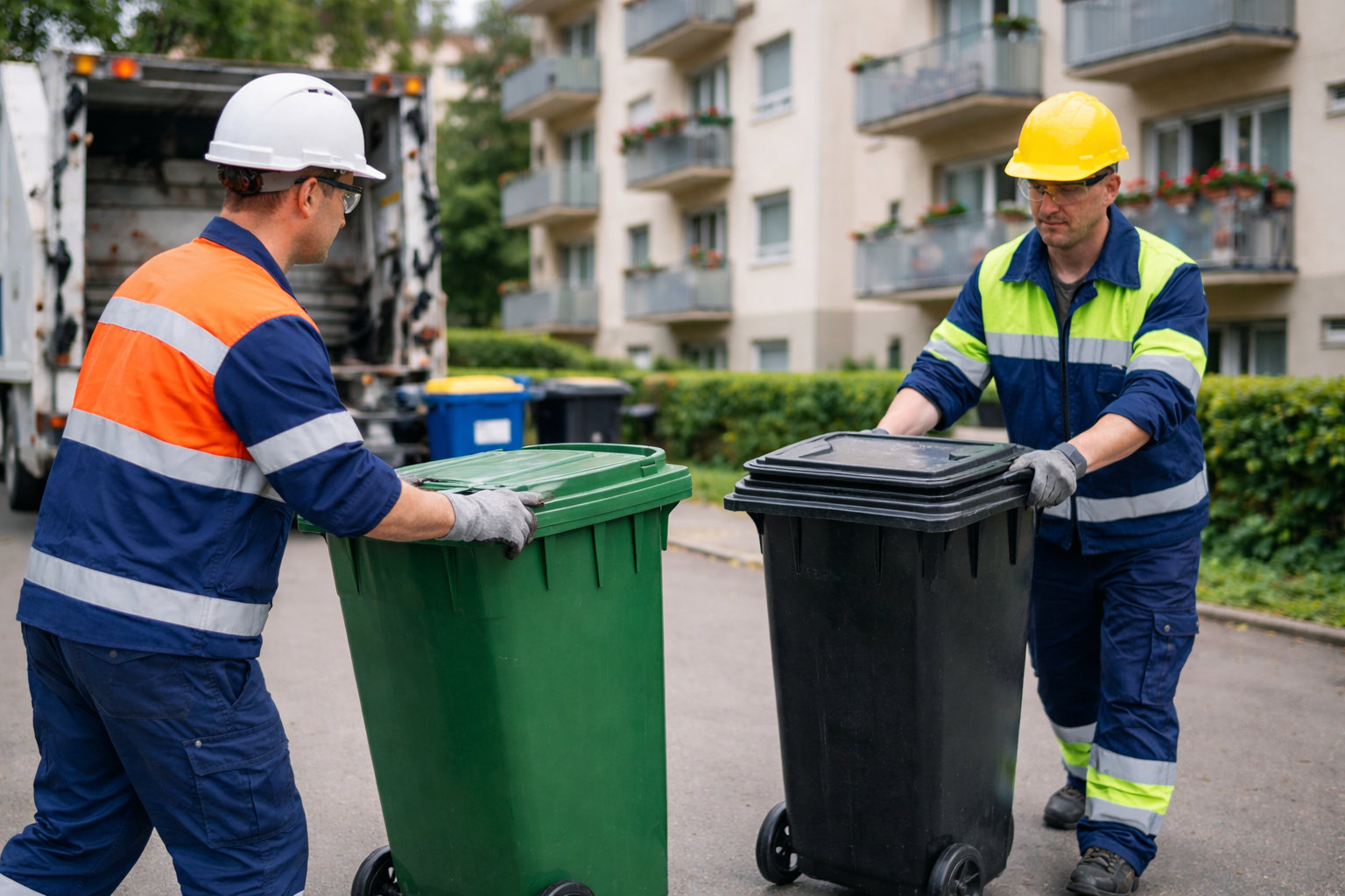Operai Sostanza MultiServizi che movimentano bidoni per raccolta differenziata